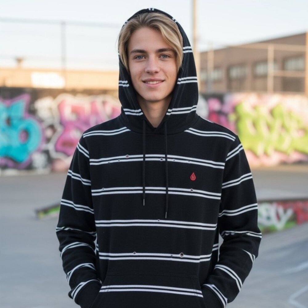 VOLCOM Black Striped Hoodie Boys L 12 Pullover Holes Grunge Skate Top Shirt